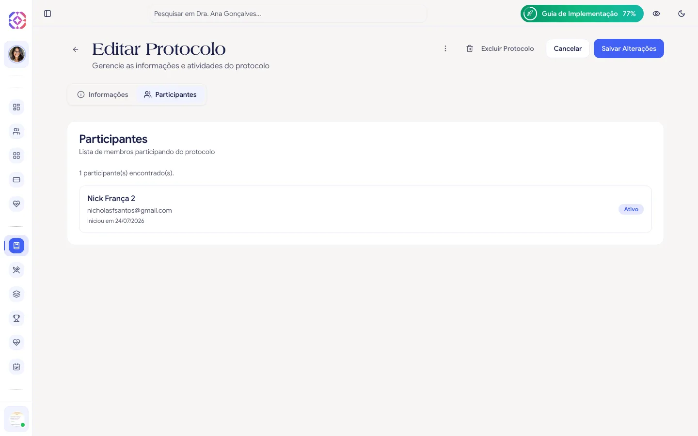 Aba Participantes do editor, com a lista de participantes, seus status e o botão Adicionar Membros