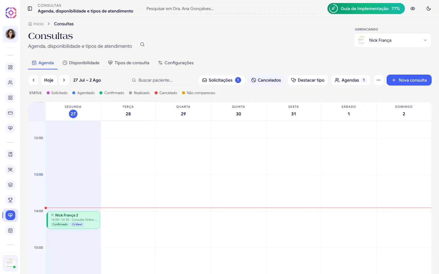 Grade semanal da agenda com a barra de ferramentas, a legenda de status e uma consulta confirmada