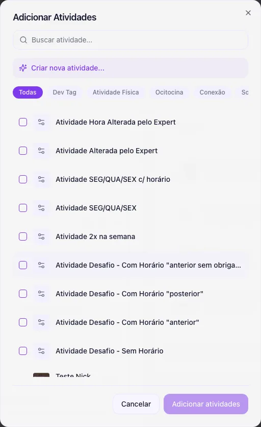 Diálogo Adicionar Atividades com busca, chips de tag e lista de atividades com checkboxes
