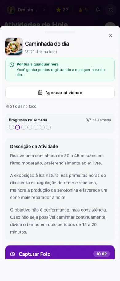 Tela do participante no app: atividade do Desafio com Progresso na semana e botão Capturar Foto
