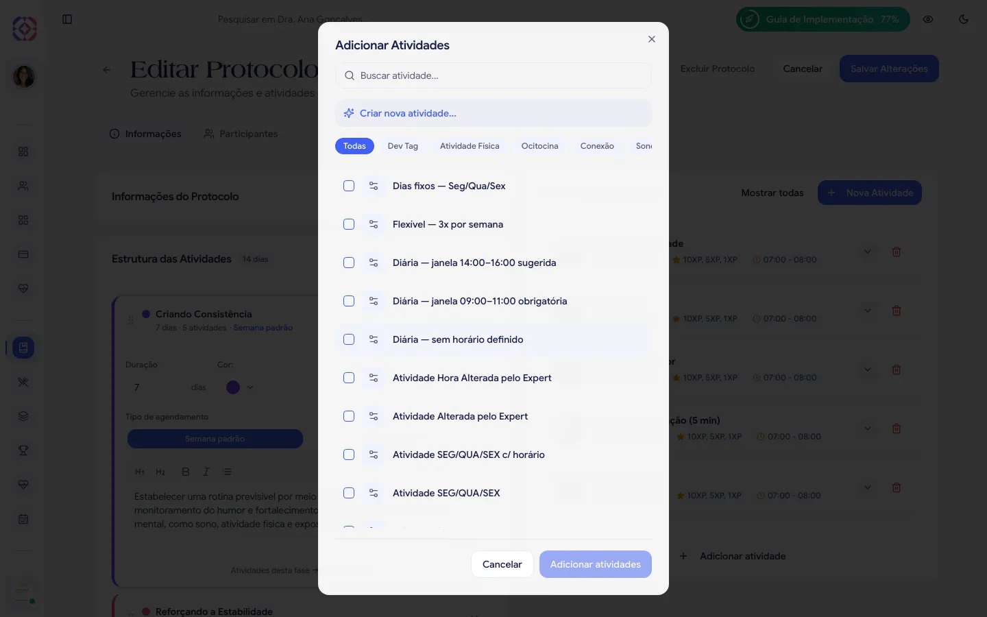 Diálogo Adicionar Atividades com busca, chips de tag e lista de atividades com checkboxes