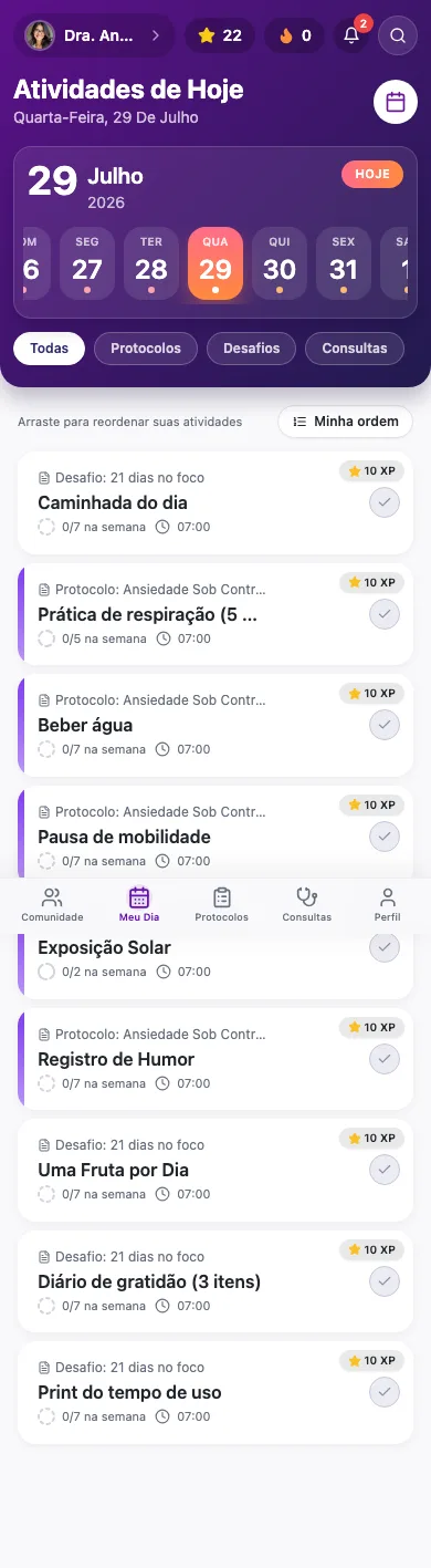 Tela do paciente no app: atividade do Protocolo na aba Meu Dia, com progresso na semana e botão Capturar Foto