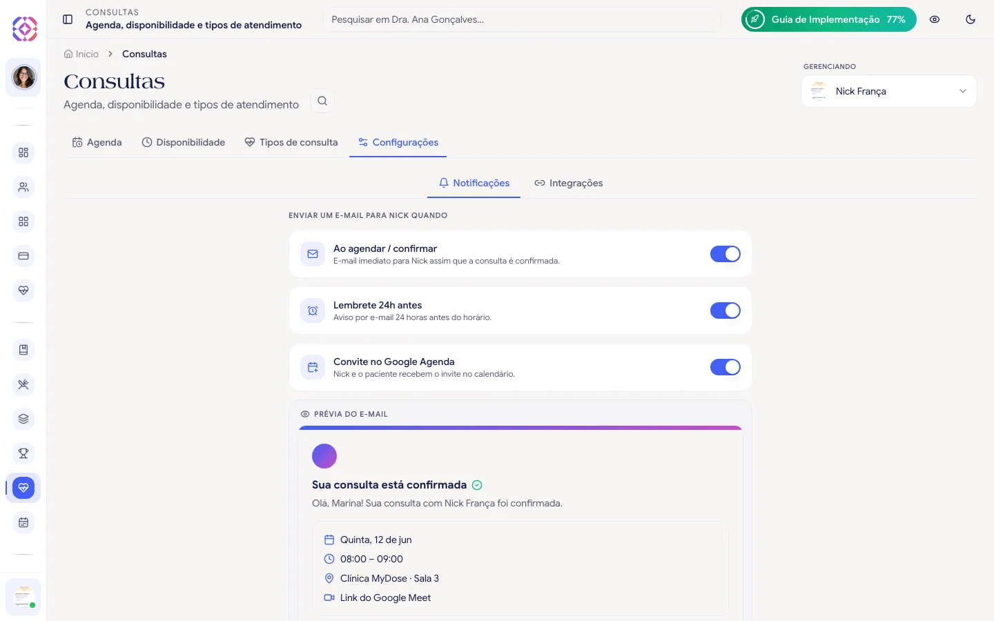 Configurações de notificações da agenda com os avisos por e-mail e a prévia do e-mail de confirmação