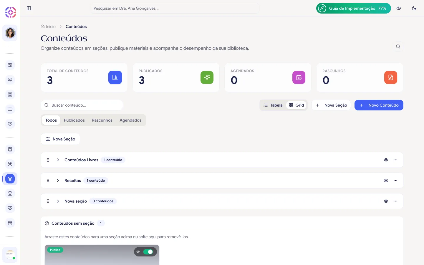 Lista de Conteúdos da comunidade, com status, tipo de acesso, inscritos e visibilidade