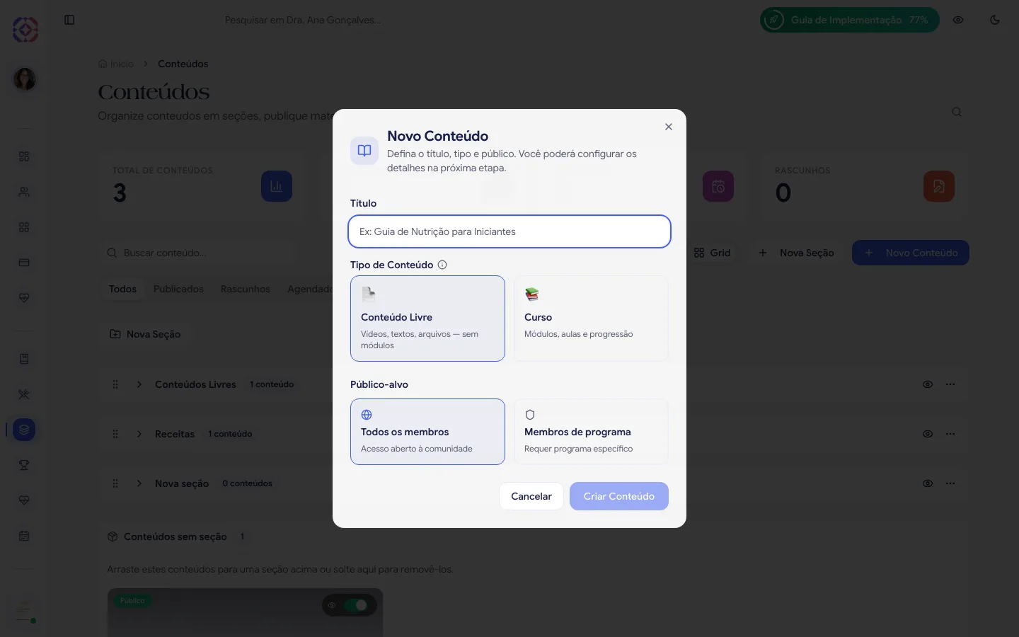 Modal Novo Conteúdo com Título, Tipo de Conteúdo (Conteúdo Livre / Curso) e Público-alvo