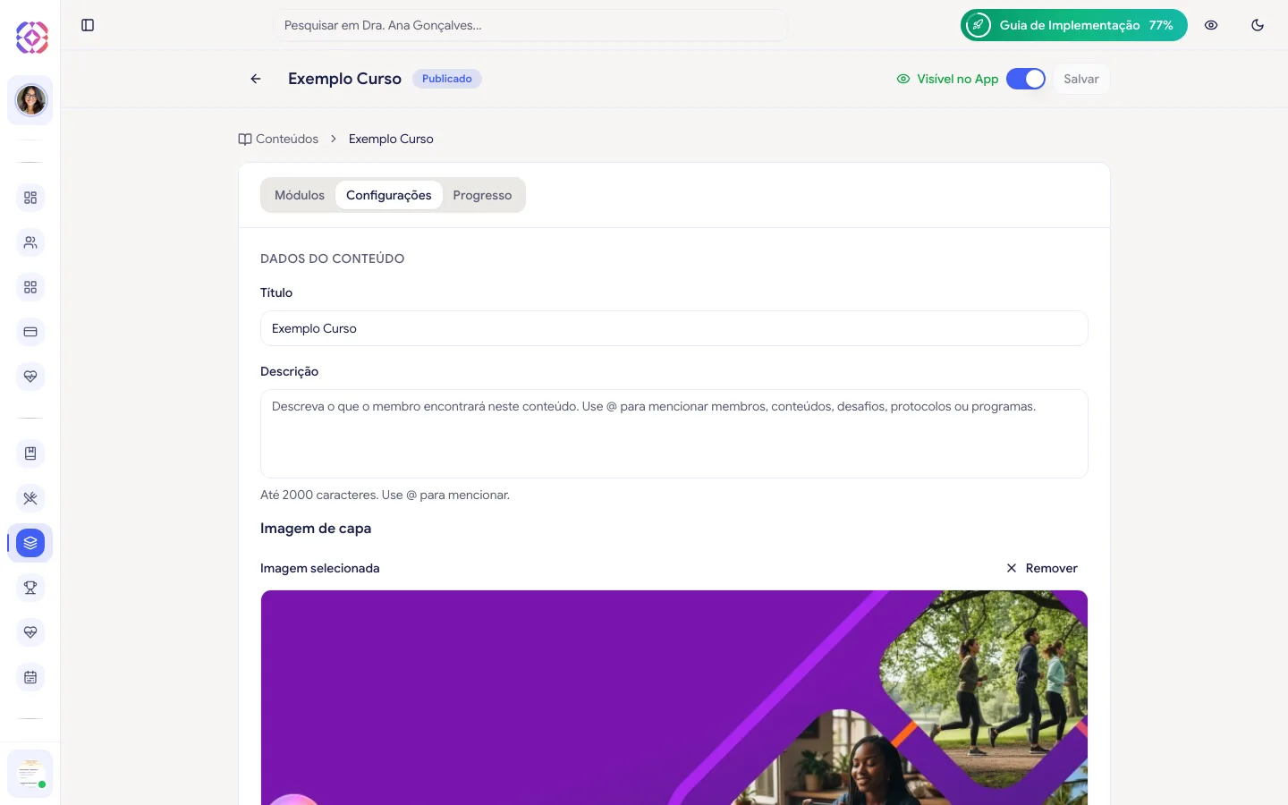 Editor de Conteúdo com as abas Módulos, Configurações e Progresso