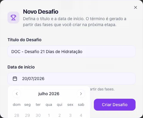 Modal Novo Desafio com Título do Desafio e Data de início preenchidos