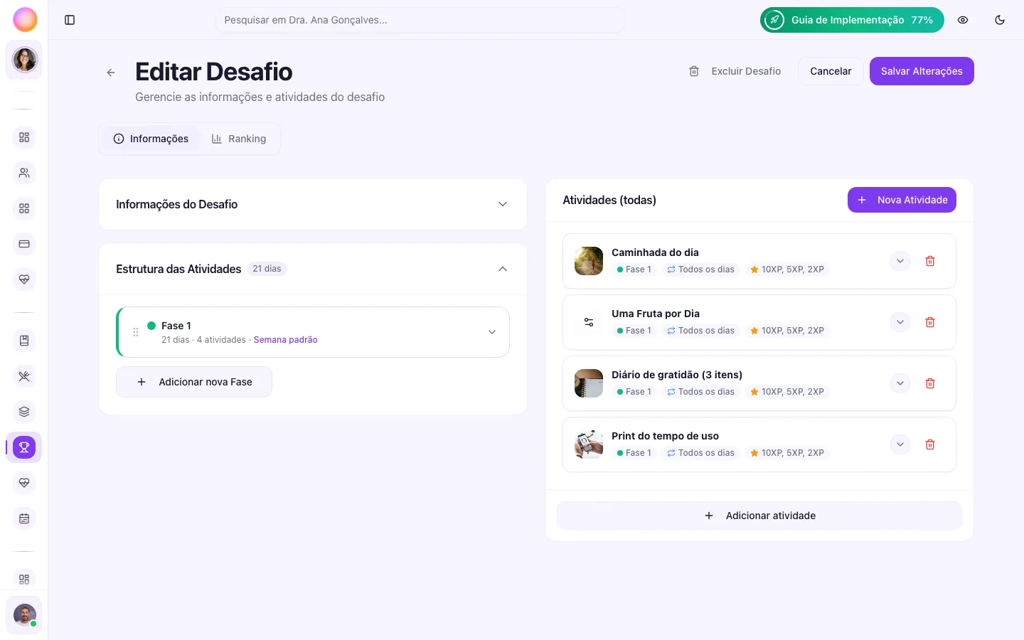 Editor do Desafio na aba Informações, com os cards Informações do Desafio e Estrutura das Atividades, e a lista de Atividades à direita