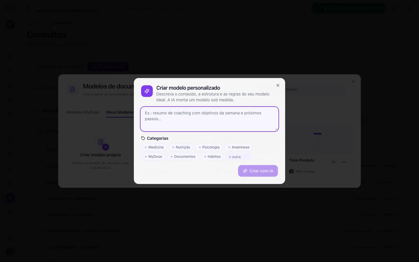 Janela Criar modelo personalizado com o campo de descrição, as categorias e o botão Criar com IA