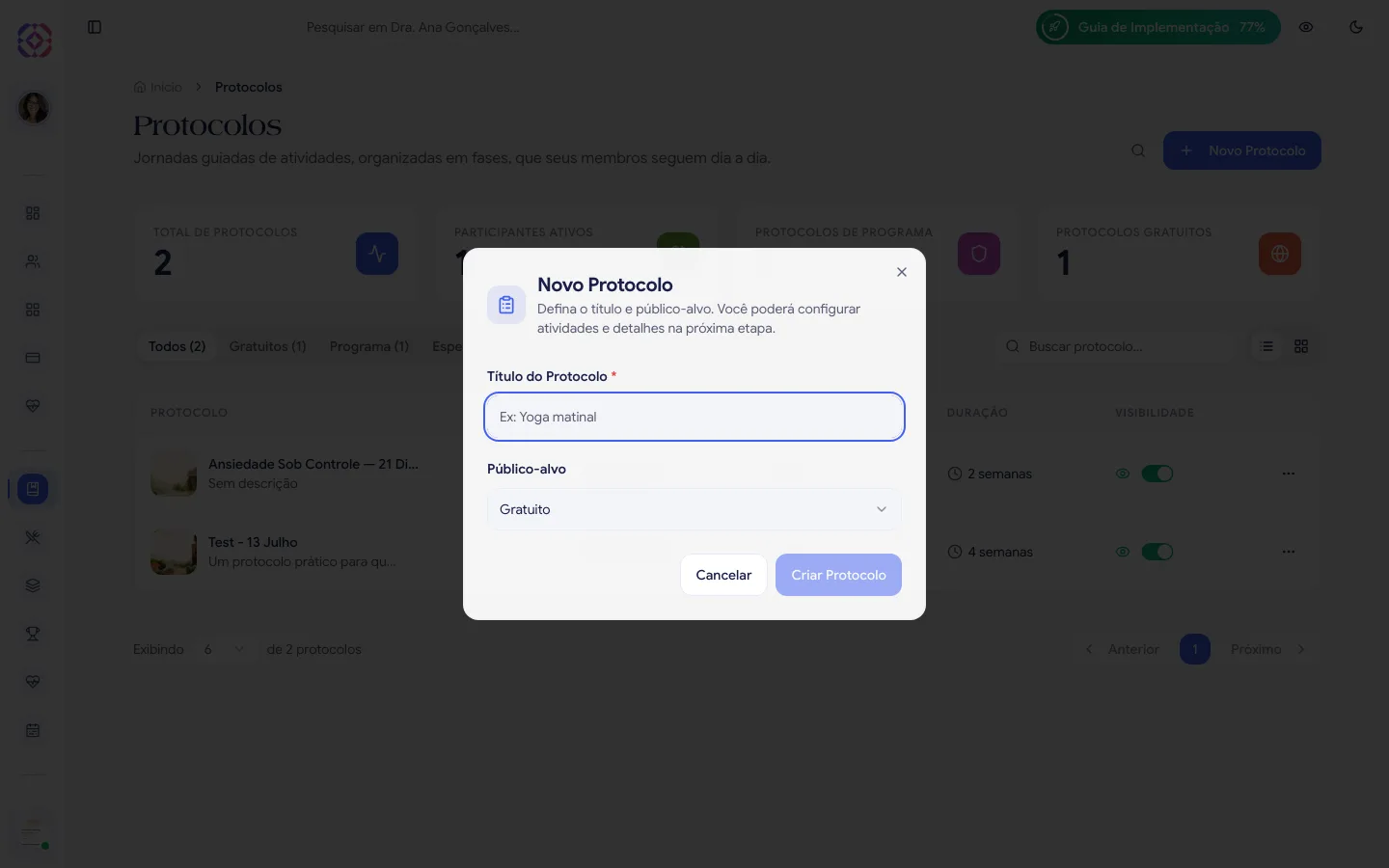 Modal Novo Protocolo com Título do Protocolo e Público-alvo