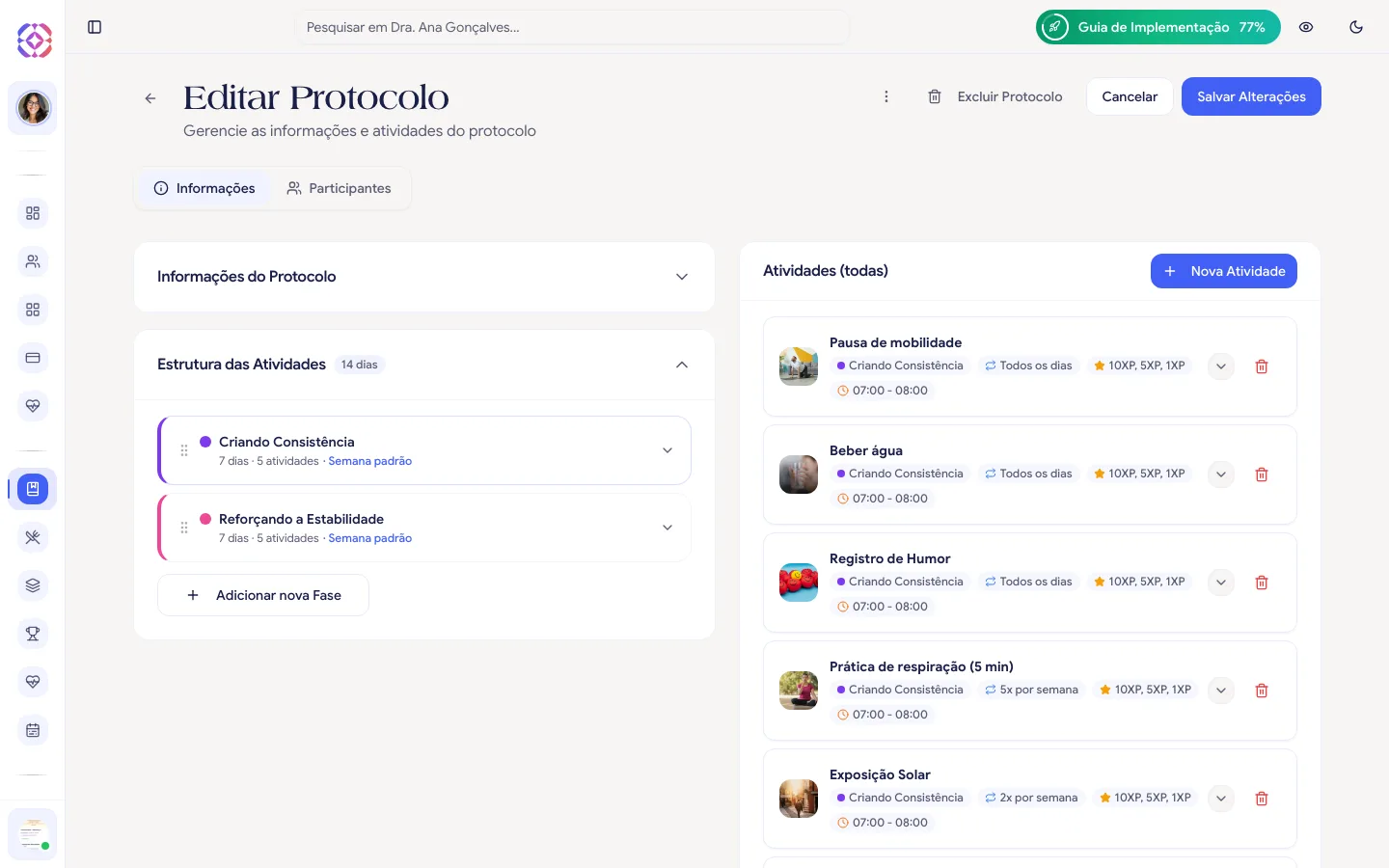 Editor do Protocolo na aba Informações, com os cartões Informações do Protocolo e Estrutura das Atividades