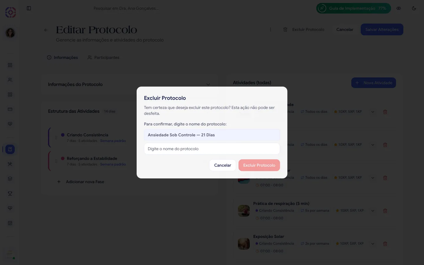 Diálogo Excluir Protocolo pedindo para digitar o nome do protocolo para confirmar