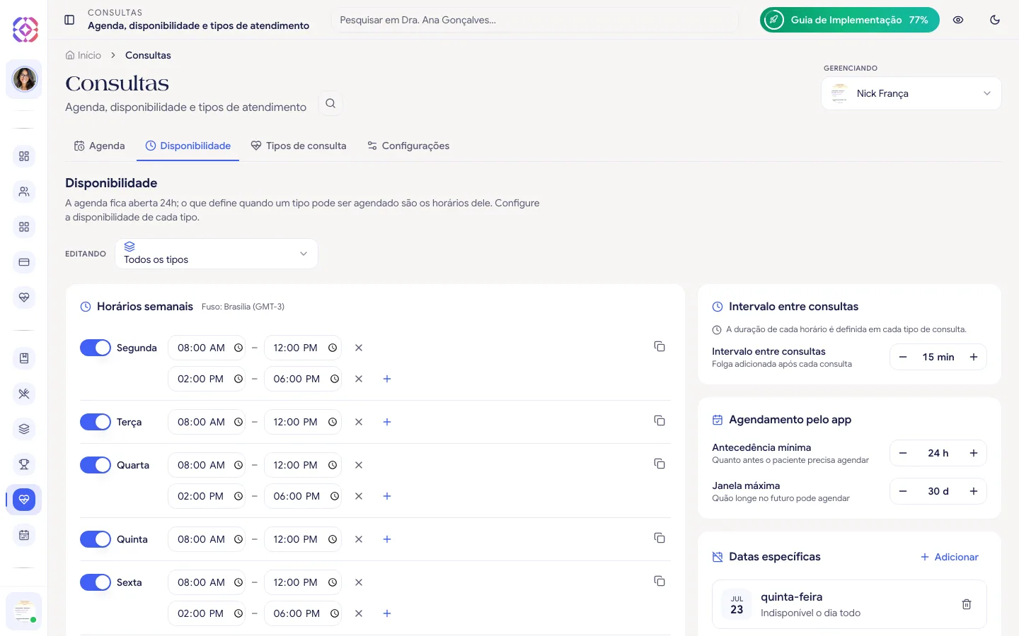 Editor de horários semanais com os dias da semana, as faixas de horário e o seletor de tipo
