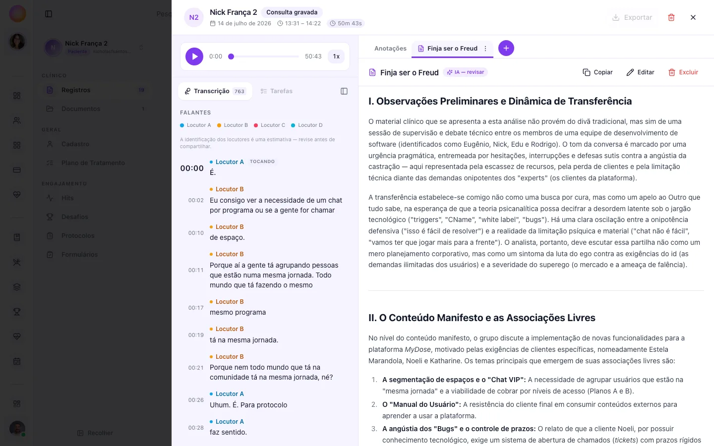 Transcrição da consulta dividida por falantes, com horários clicáveis e um documento gerado por IA ao lado