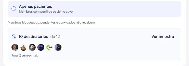 Prévia da audiência mostrando o número de destinatários, avatares de amostra e a linha com quem ficou de fora