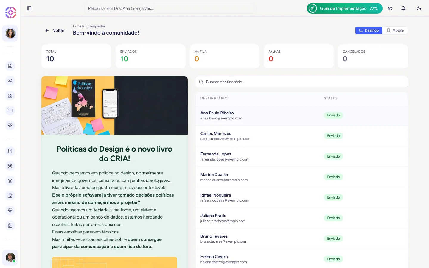 Detalhe de uma campanha com os cards Total, Enviados, Na fila, Falhas e Cancelados, a pré-visualização do e-mail e a lista de destinatários