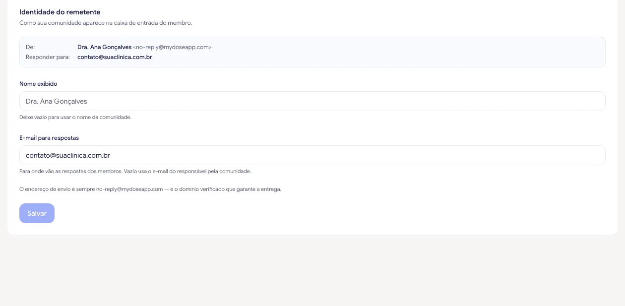 Configurações do remetente com os campos Nome exibido e E-mail para respostas
