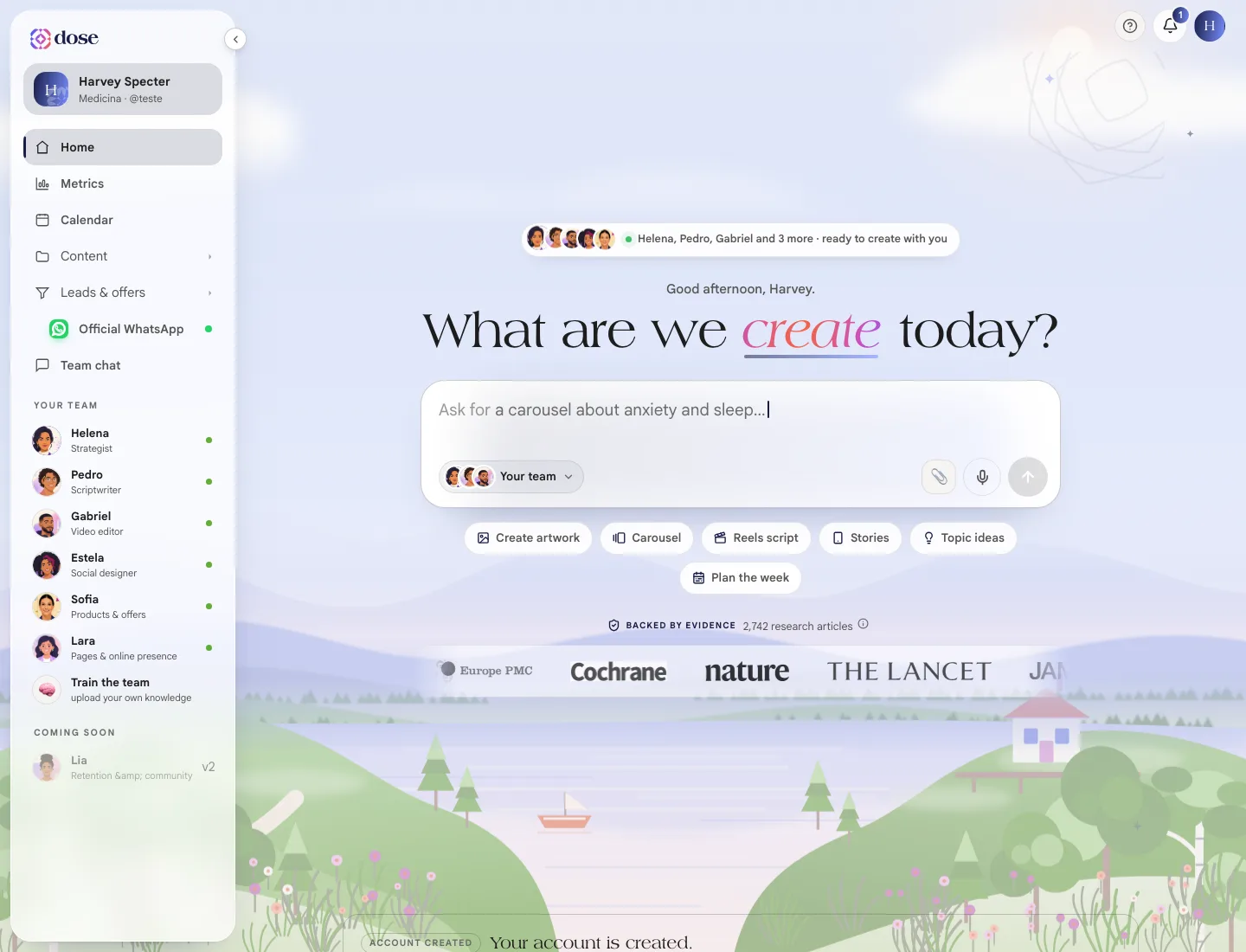 Scale Home screen with the side menu, the request field and today's brief