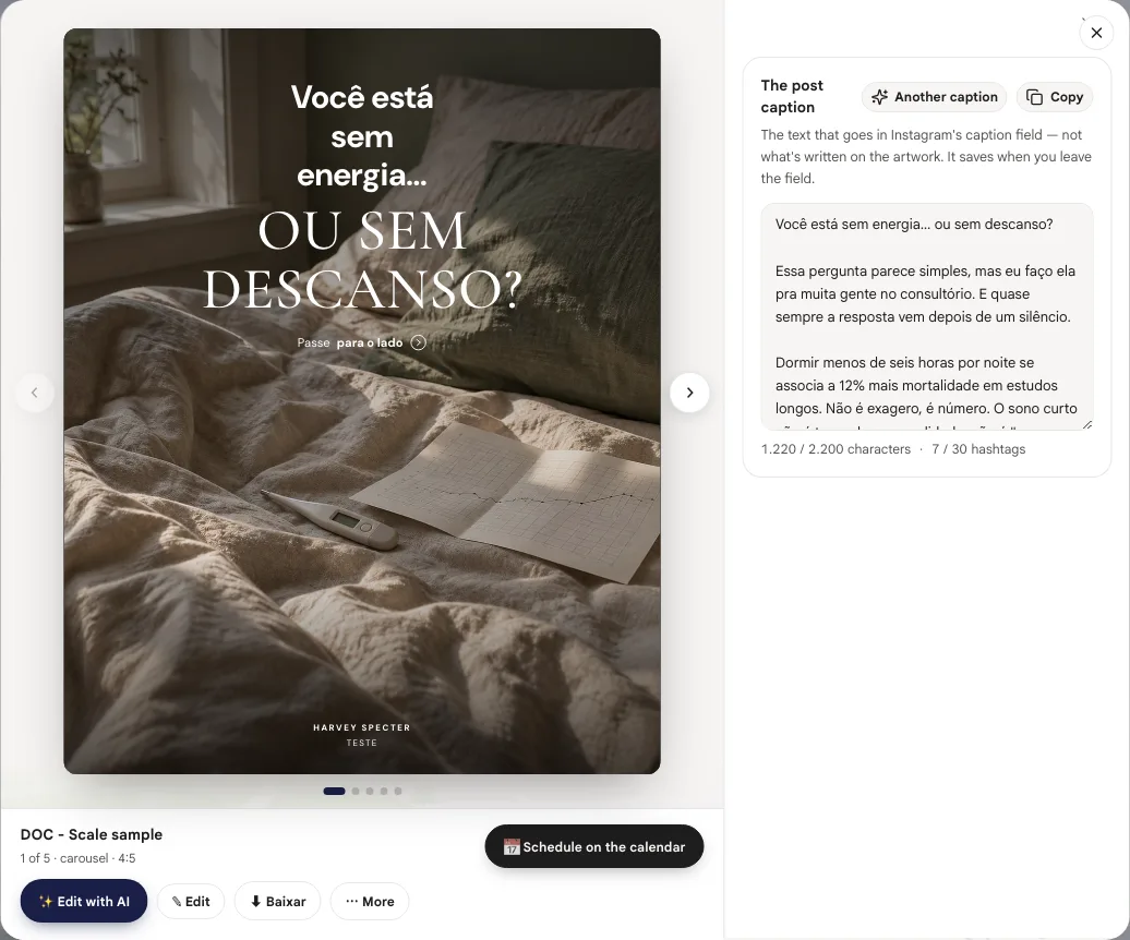 Artwork viewer with the slide, the Edit with AI, Edit, Download and More buttons and the post caption