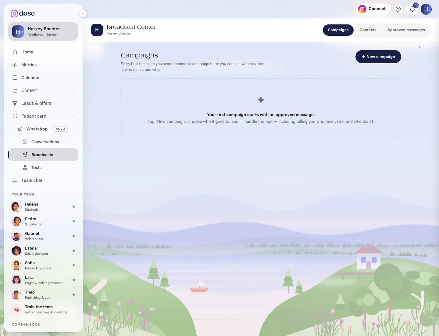 Broadcast Center with the Campaigns, Contacts and Approved messages tabs and the New campaign button