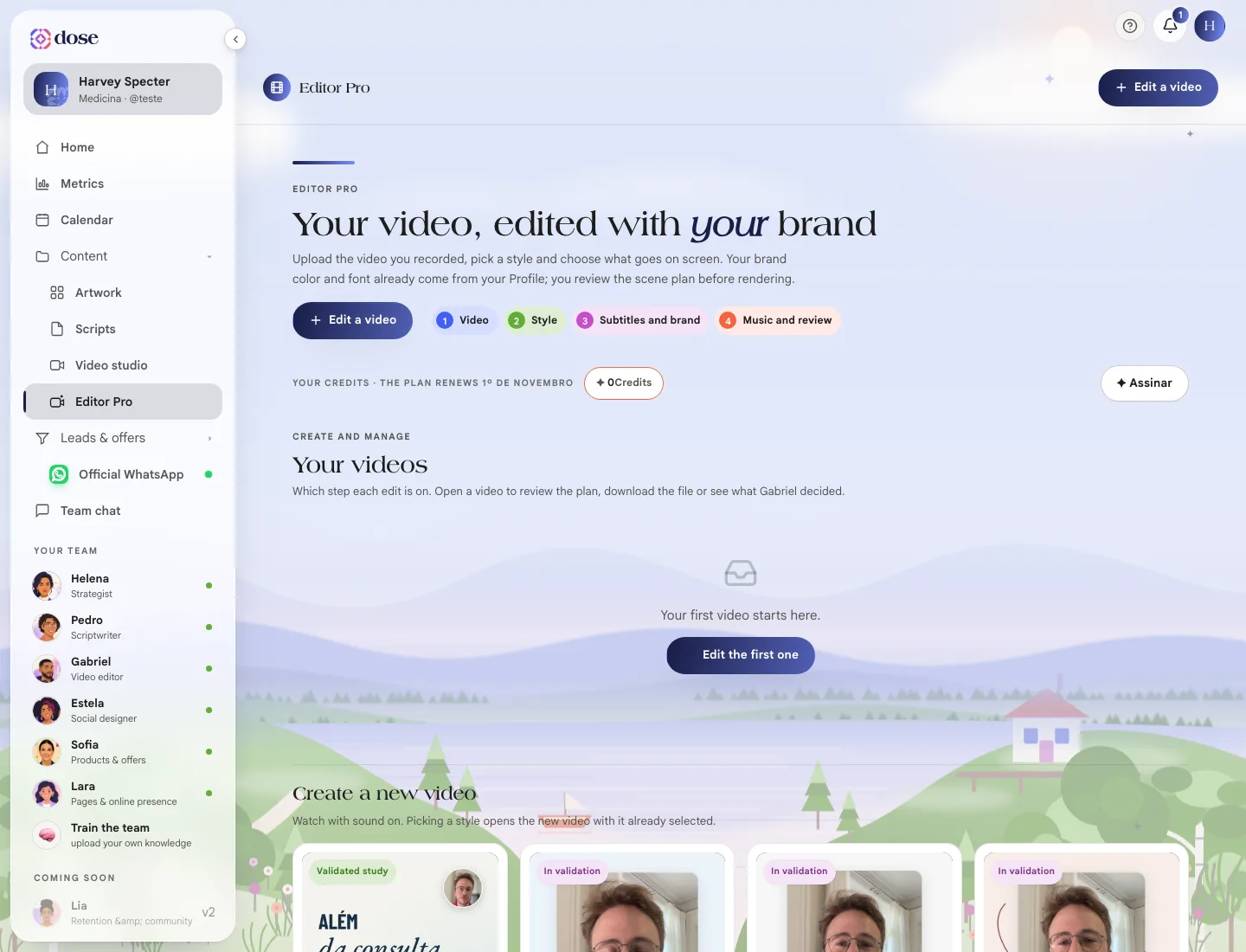 Editor Pro screen with the Edit a video button and the Motion storytelling, Clinical, Clarity and Presence styles