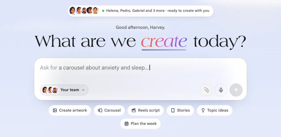 The What should we create today? field with the Your team selector, the microphone and the request shortcuts