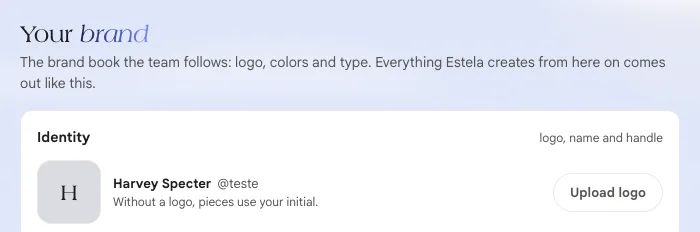 Start of the Your brand section with the Identity card and the Upload logo button