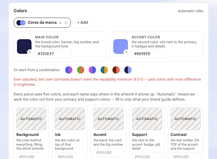 Colors card with the palette, the main color, the accent color and the five roles