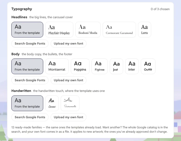 Typography card with the Headlines, Text and Handwritten roles and the available fonts