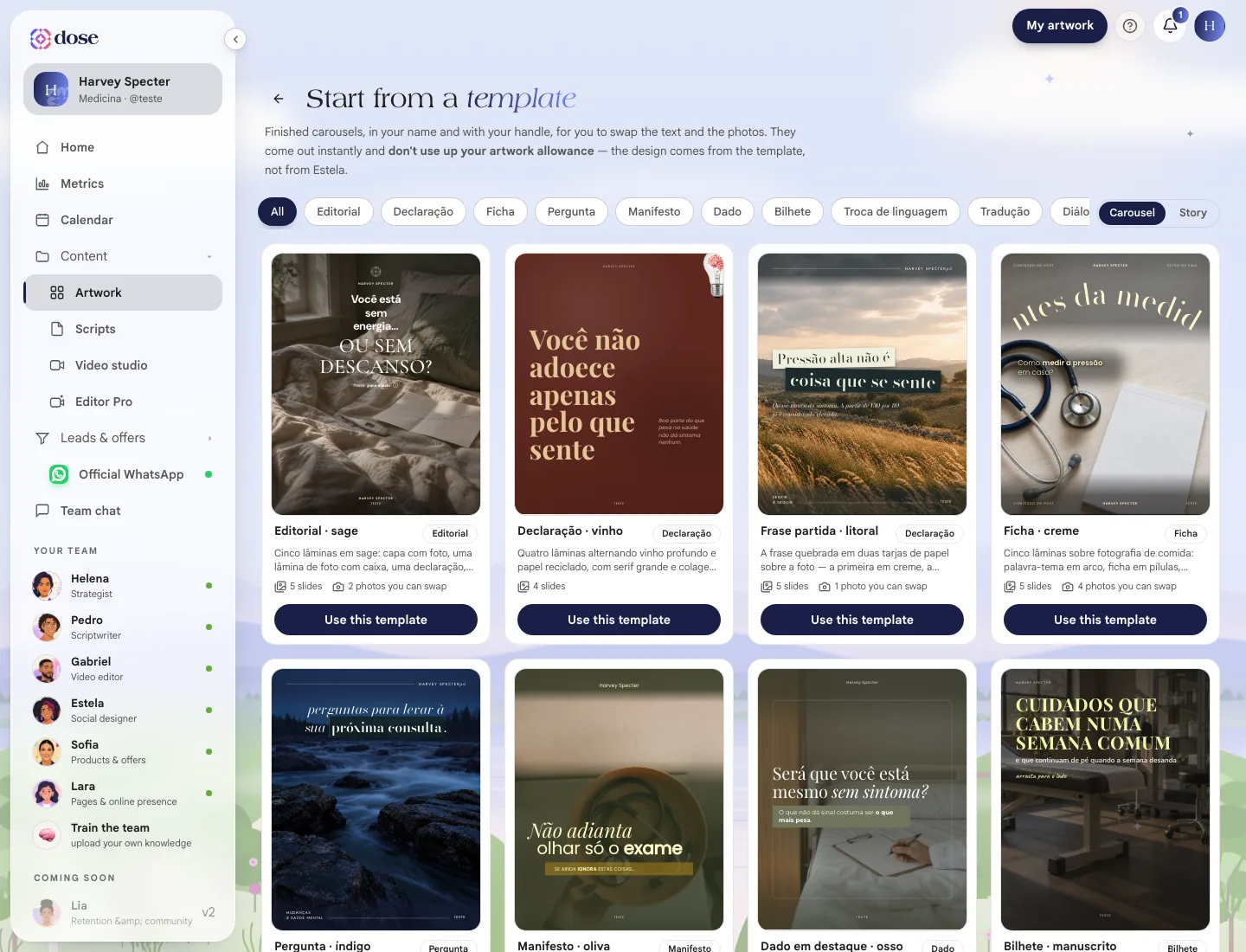 Start from a template gallery with the category filters and the template cards