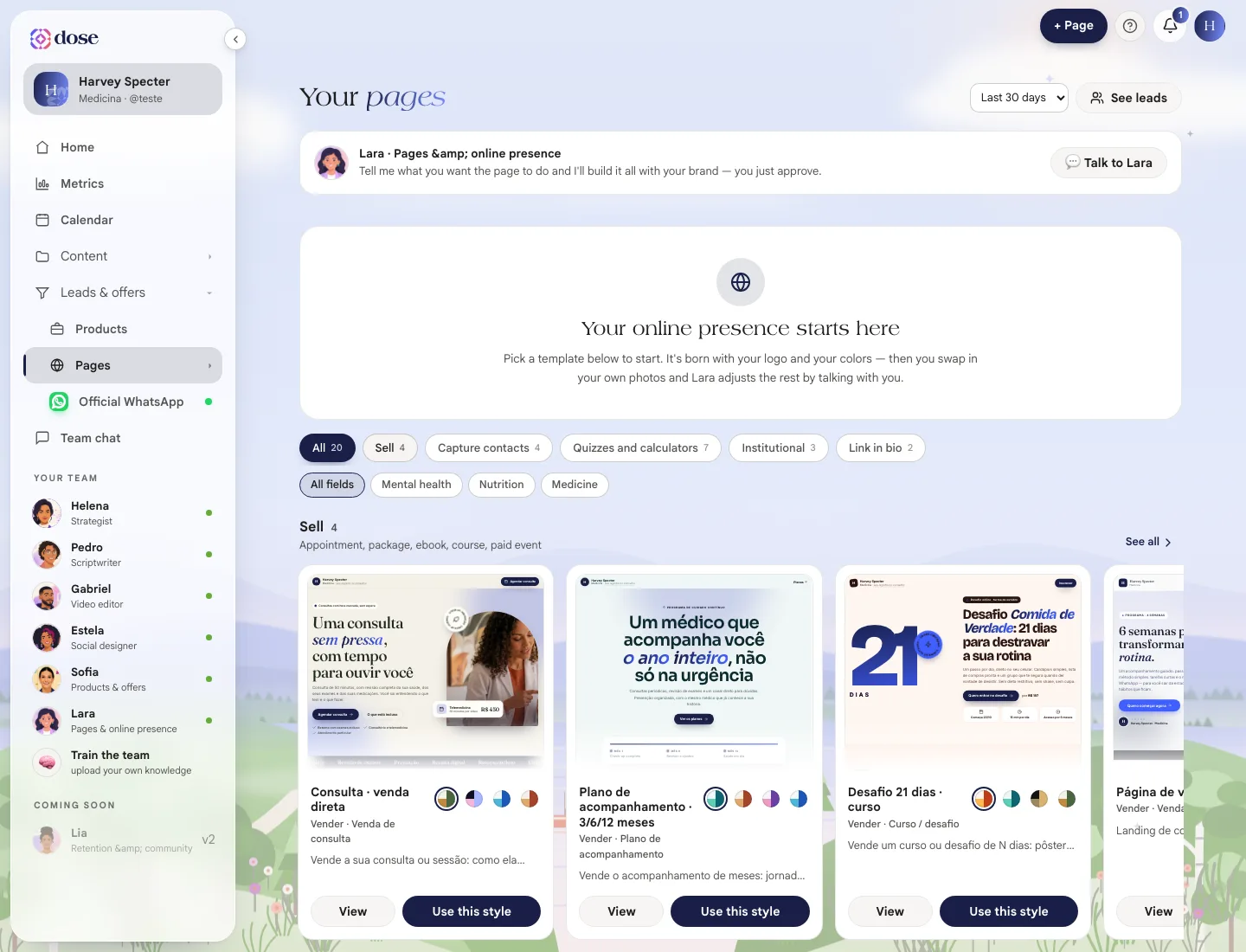 Page template gallery with the goal filters and the template cards