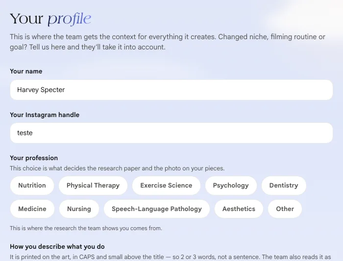 Your profile form with name, Instagram handle, profession and field