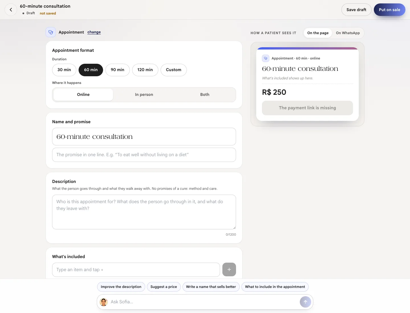 Appointment editor with format, duration, setting and the How a patient sees it preview