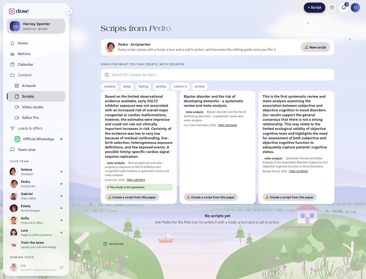 Scripts from Pedro screen with the New script button and the ideas from the scientific library