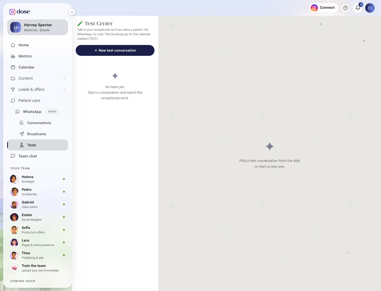 Test Center with the New test conversation button