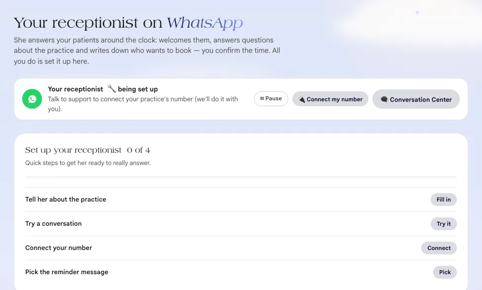 Top of the Your receptionist on WhatsApp screen with the status, the Pause and Connect my number buttons and the setup checklist