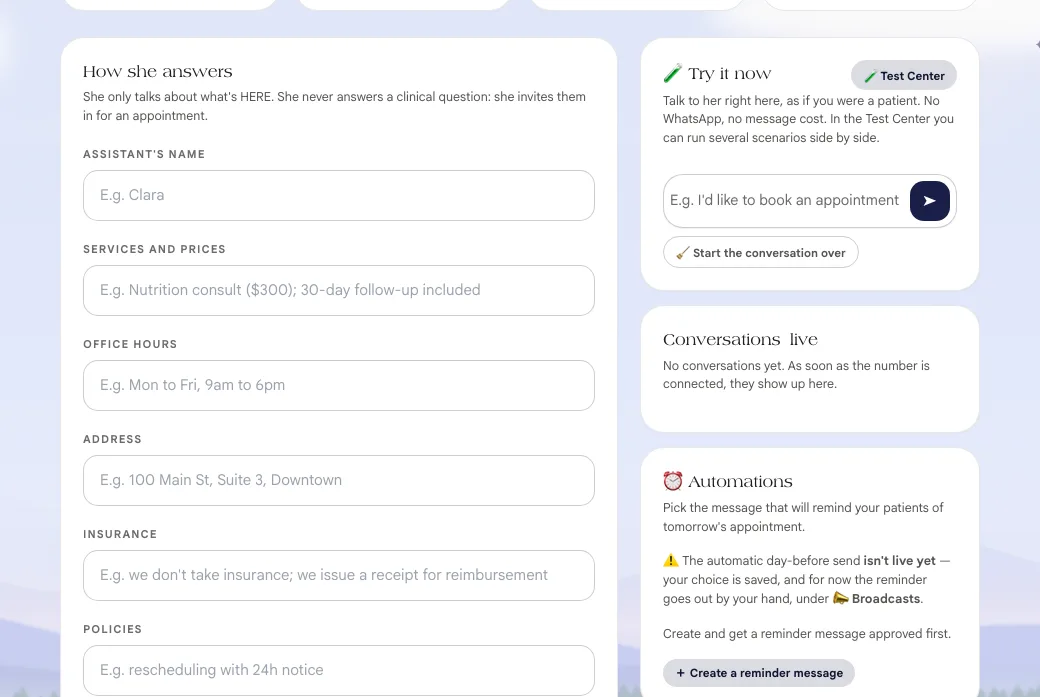 How she answers form with the name, services and prices, hours, address, insurance and policies fields