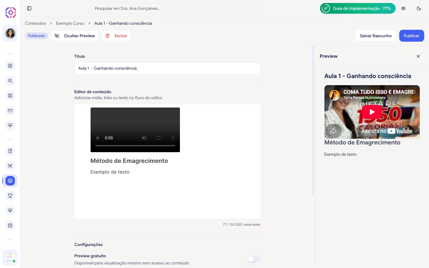 Editor de uma aula com título e o editor de conteúdo em blocos (texto, vídeo, PDF)