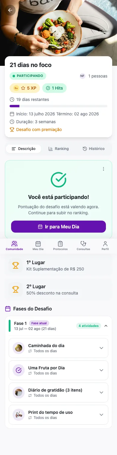 Tela do desafio no app mostrando as premiações por posição (1º e 2º lugar)