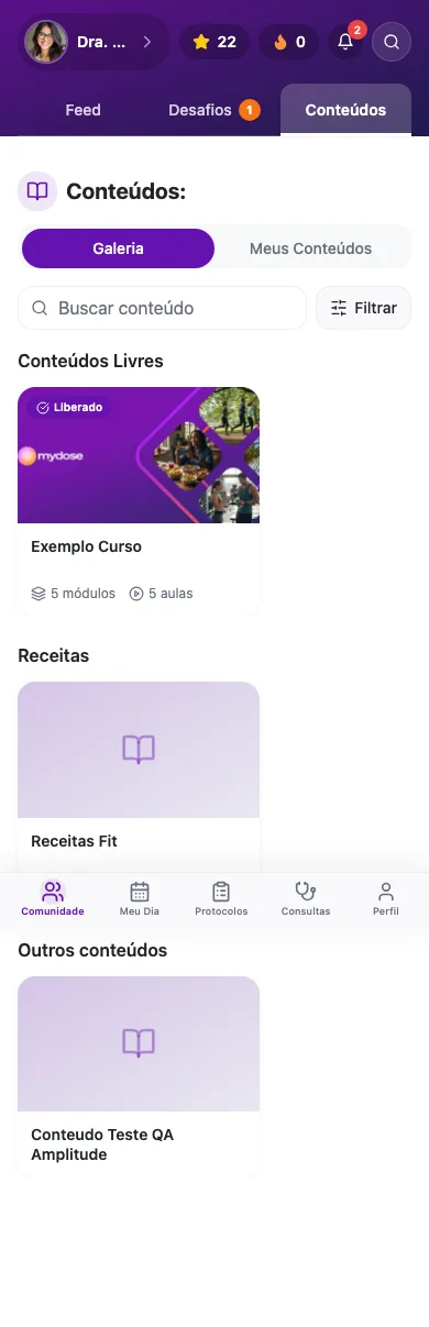 Hub de Conteúdos no app com as abas Galeria e Meus Conteúdos e os cartões de conteúdo