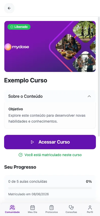 Página de um curso no app: capa, Sobre o Conteúdo, Seu Progresso e o currículo com módulos e aulas
