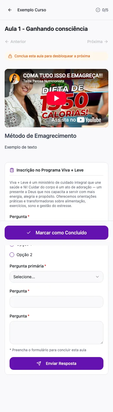 Visualizador de aula no app: conteúdo da aula e o botão Marcar como Concluído
