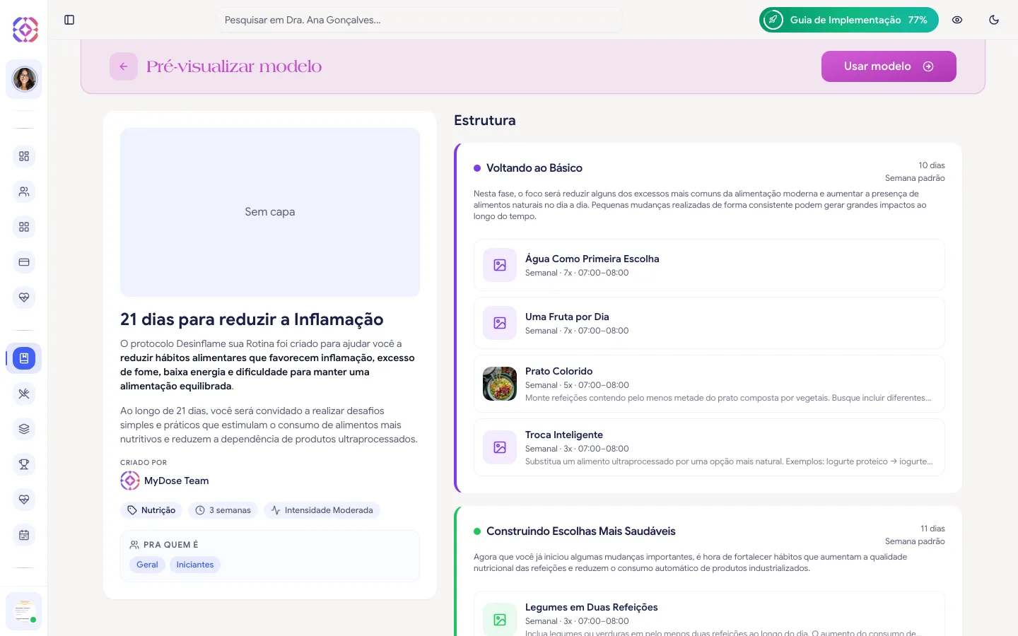 Tela Pré-visualizar modelo, com capa, categoria, duração, intensidade, Pra quem é, a estrutura de fases e o botão Usar modelo