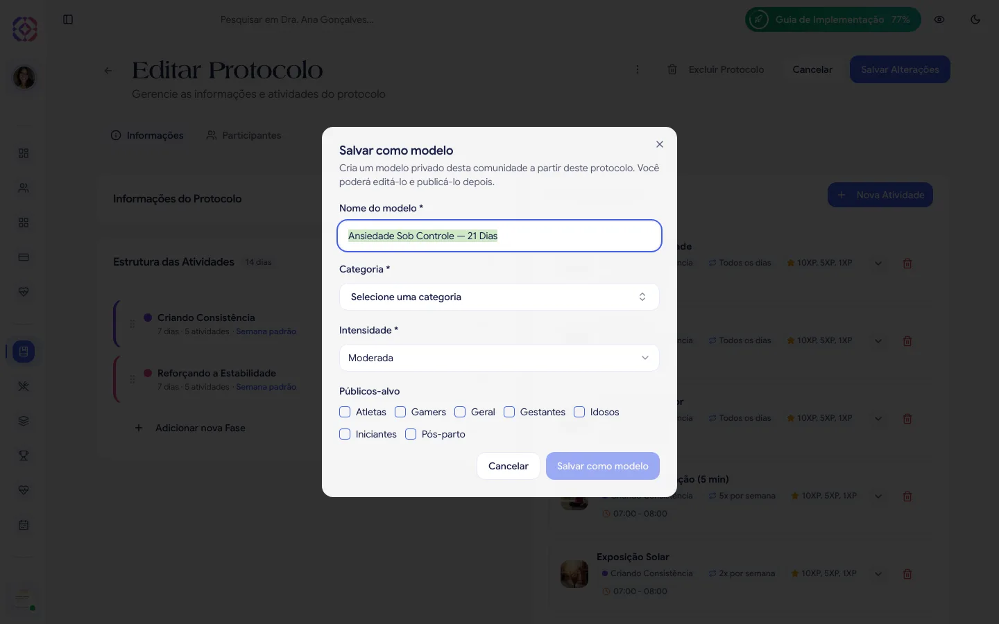Diálogo Salvar como modelo com Nome, Categoria, Intensidade e Públicos-alvo
