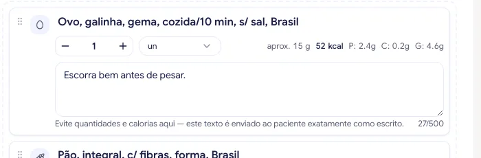 Campo de observação aberto num alimento, com o contador de caracteres e o aviso para evitar quantidades e calorias