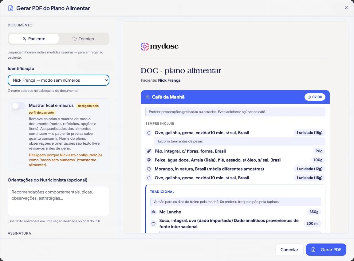 Modal Gerar PDF com o paciente em modo sem números selecionado, o interruptor de kcal desligado com aviso, e a pré-visualização sem calorias mas com as quantidades