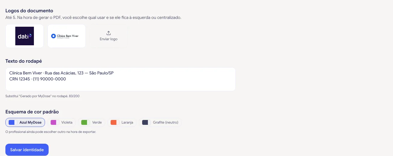 Aba Identidade com dois logos enviados, o texto do rodapé preenchido e os cinco esquemas de cor