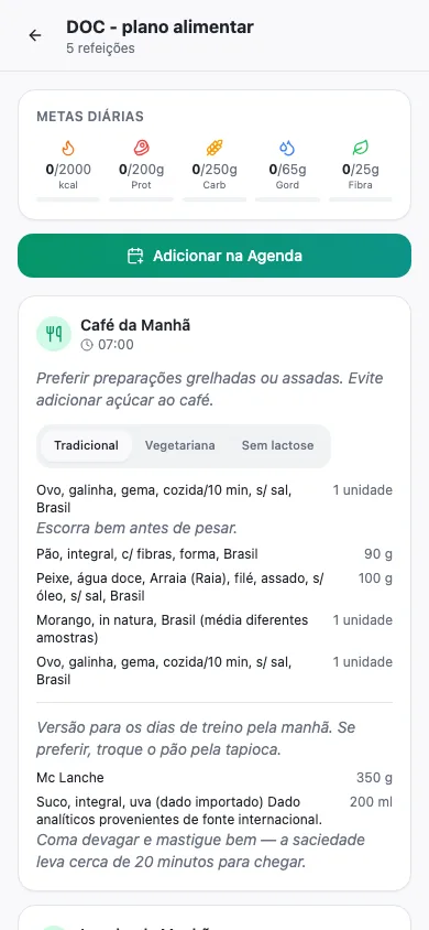 Tela do plano no app do paciente, com o bloco Metas Diárias, o botão Adicionar na Agenda e a primeira refeição