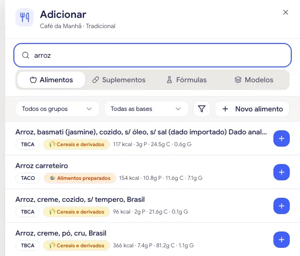 Busca por arroz no diálogo Adicionar, com os filtros Todos os grupos e Todas as bases e resultados marcados com as tags TBCA e TACO