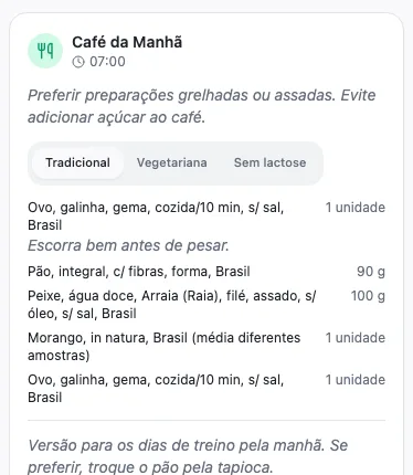 Refeição no app com as abas Tradicional, Vegetariana e Sem lactose, e os itens da opção selecionada
